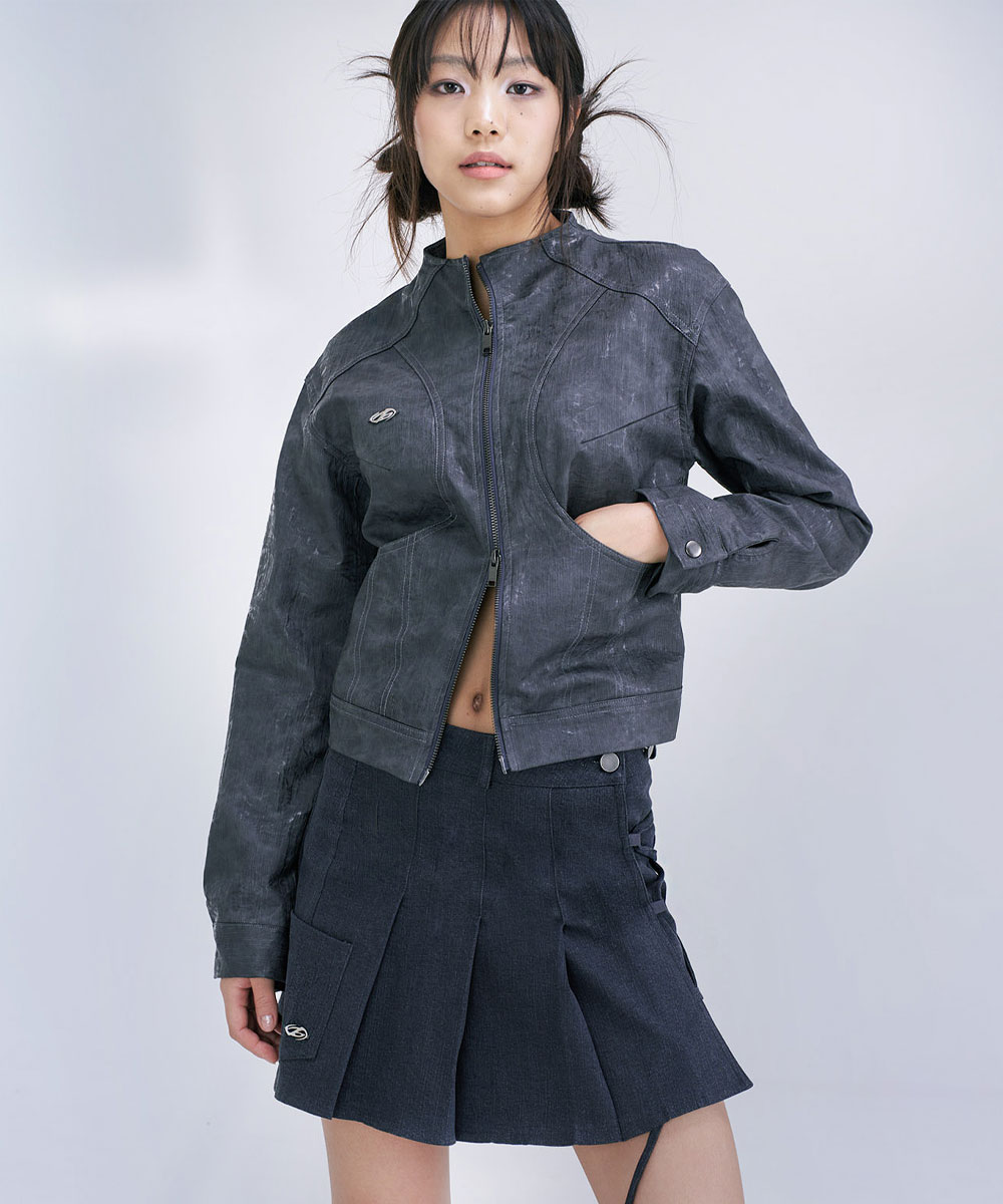 Denim textured leather jacket (Gray)